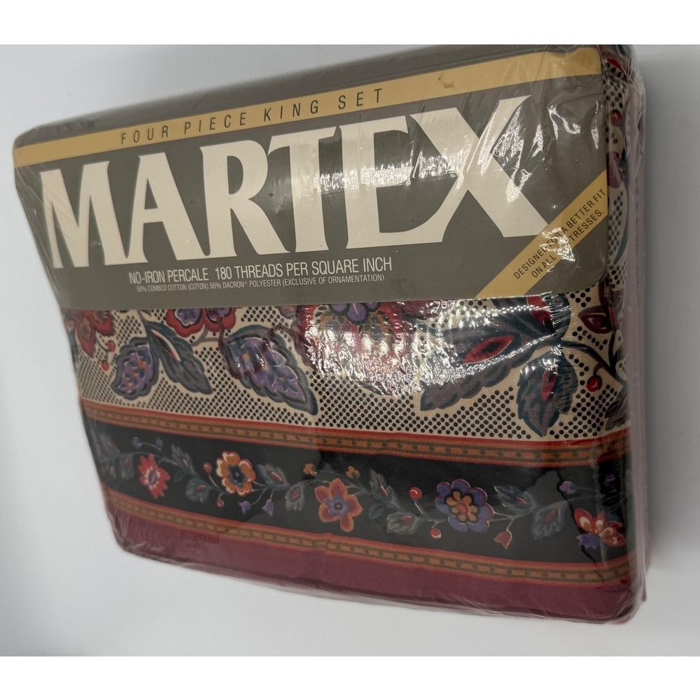 Vintage Martex Avignon King Sheet Set 4pc Red Floral Percale New